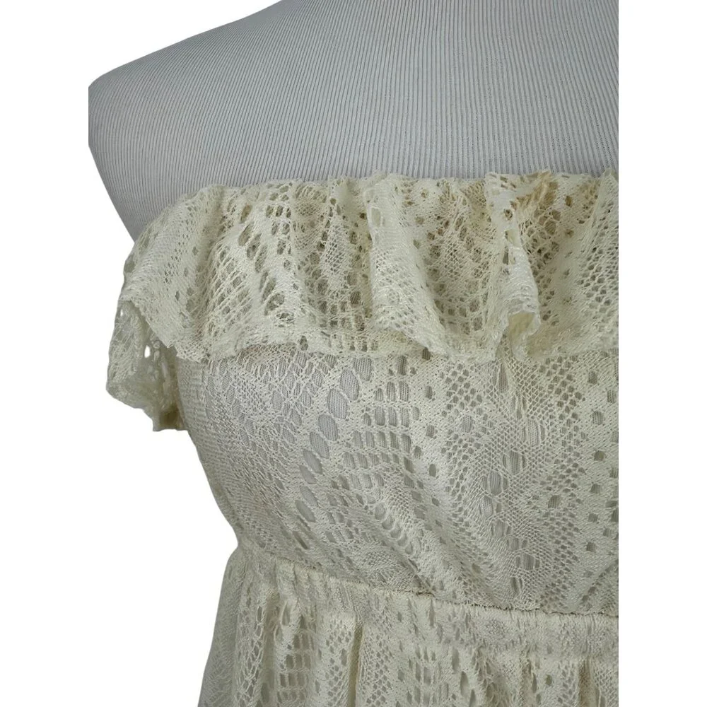 Vtg F21 Cream Lace Ruffle Hem Strapless Maxi Dress | Y2K Coquette Coastal Boho S - Picture 4 of 16